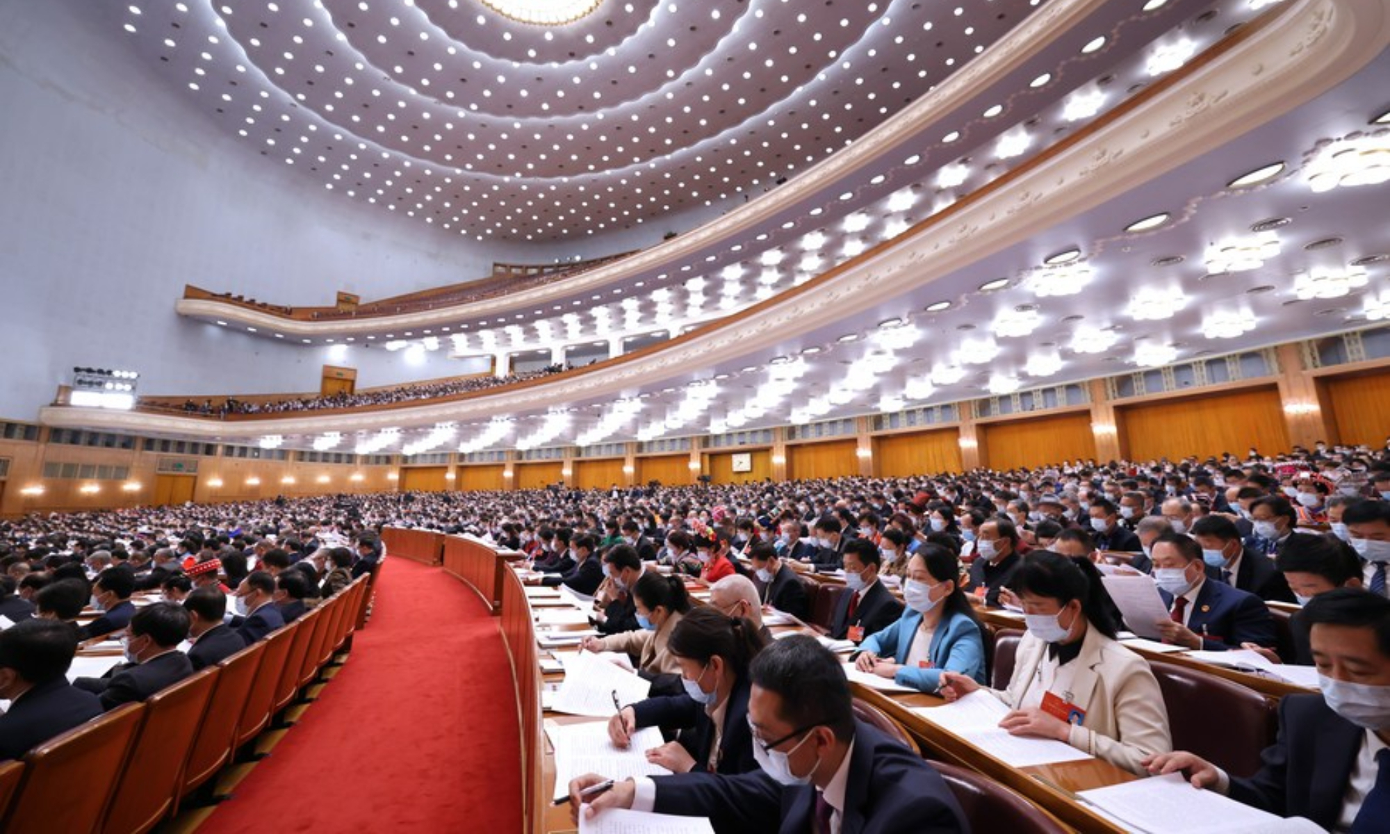Deputies to the 13th National People's Congress (NPC) attend the second plenary meeting of the fifth session of the 13th NPC at the Great Hall of the People in Beijing, capital of China, March 8, 2022. Photo:Xinhua