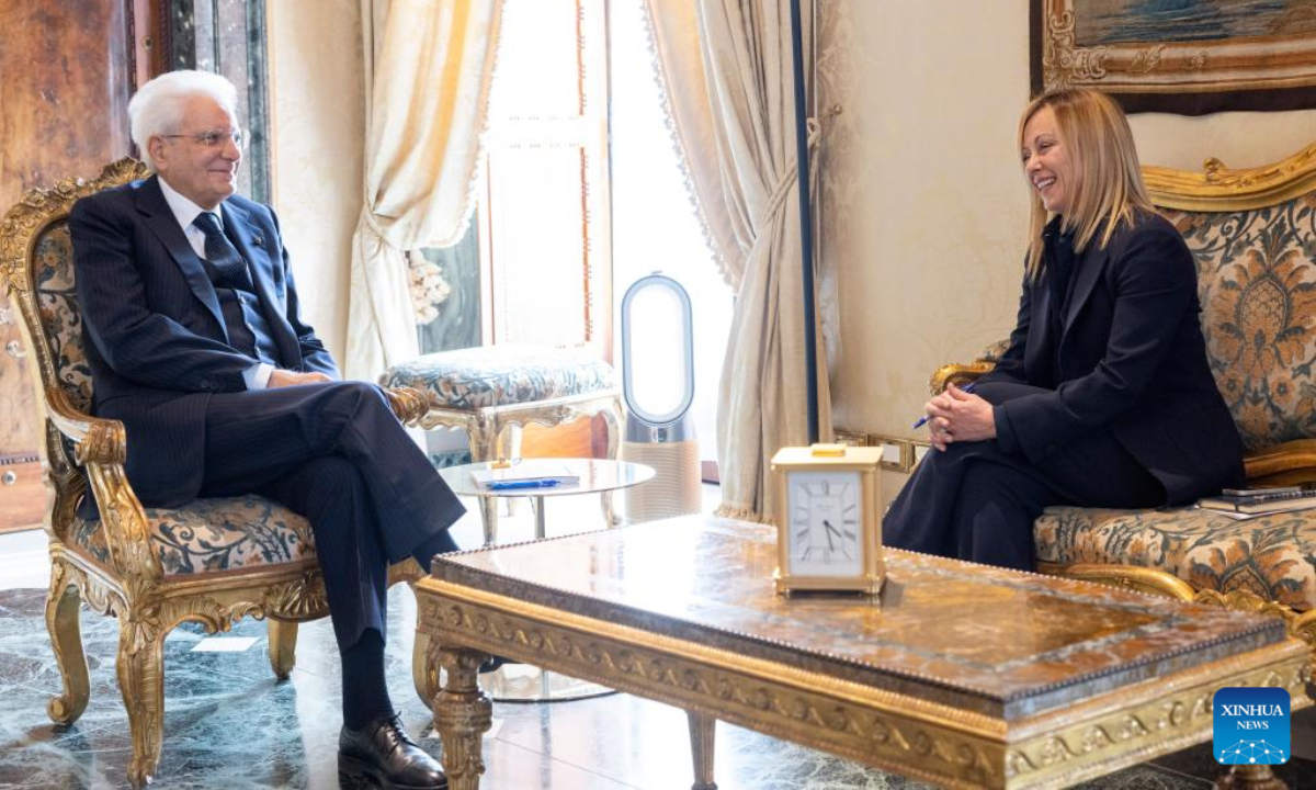 Italian President Sergio Mattarella (L) meets with Giorgia Meloni, leader of the Brothers of Italy (FdI), at the Quirinale Presidential Palace in Rome, Italy, Oct 21, 2022. Photo:Xinhua