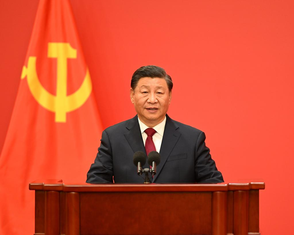 Xi Jinping, general secretary of the Communist Party of China (CPC) Central Committee, addresses the press at the Great Hall of the People in Beijing, capital of China, Oct. 23, 2022. Xi Jinping and the other newly elected members of the Standing Committee of the Political Bureau of the 20th CPC Central Committee Li Qiang, Zhao Leji, Wang Huning, Cai Qi, Ding Xuexiang and Li Xi met the press on Sunday. (Xinhua/Li Xueren)