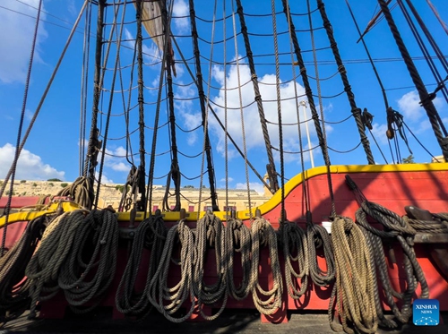 Photo taken on Oct. 17, 2022 shows a view of the ship Gotheborg of Sweden in Valletta, Malta. The world's largest ocean-going wooden sailing ship sailed into Malta's Grand Harbour this past weekend before sailing on to Barcelona, Spain, on Tuesday.(Photo: Xinhua)