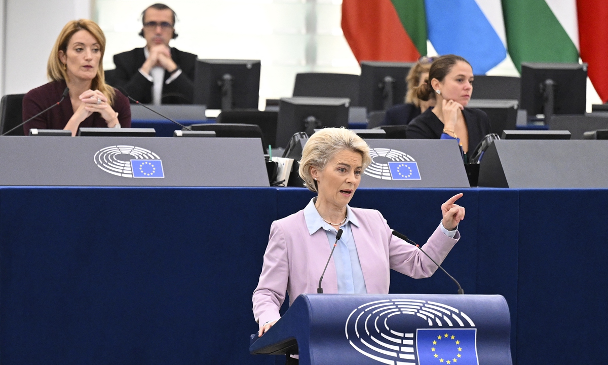 European Commission President Ursula von der Leyen addresses the floor during a debate on the preparation of the European Council meeting of October 20-21, 2022, during a plenary session at the European Parliament in Strasbourg, eastern France, on October 18, 2022. Photo: AFP