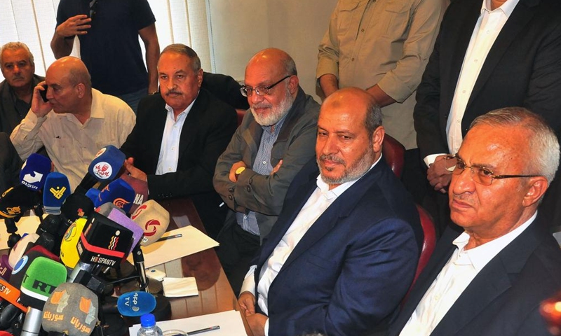 Khalil Al-Hayya (2nd R), a senior official in charge of Hamas's bureau of Arab and Islamic Relations, attends a press conference in Damascus, Syria, on Oct. 19, 2022.Photo:Xinhua