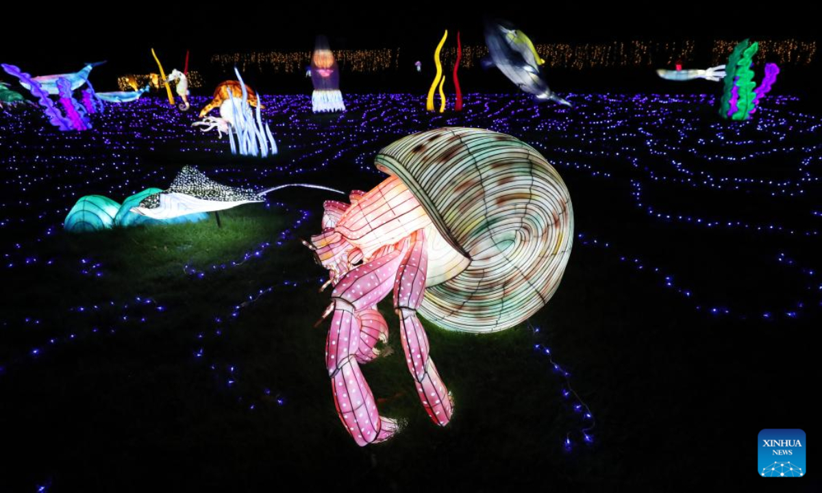 Illuminated sculptures are pictured during a media tour of a light festival at Thoiry zoo near Paris, France, Oct 26, 2022. The festival will kick off here on Sunday, displaying around 2,000 illuminated sculptures. Photo:Xinhua