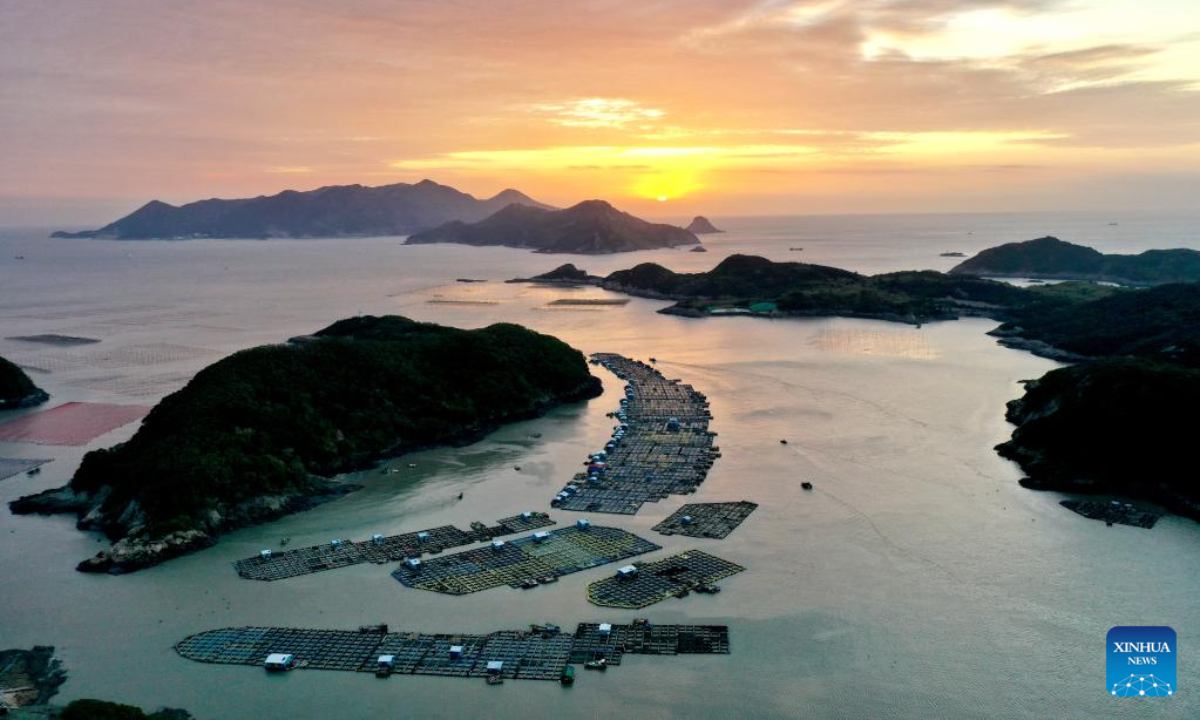 This aerial photo taken on Oct 26, 2022 shows boats traveling in the aquaculture area of Sansha Township in the morning in Xiapu County, southeast China's Fujian Province. The sea area of Xiapu County has entered the peak season of autumn harvest. Boats travel through vast aquaculture area, harvesting aquatic products such as laver and oysters, from sunrise to sunset. Photo:Xinhua 