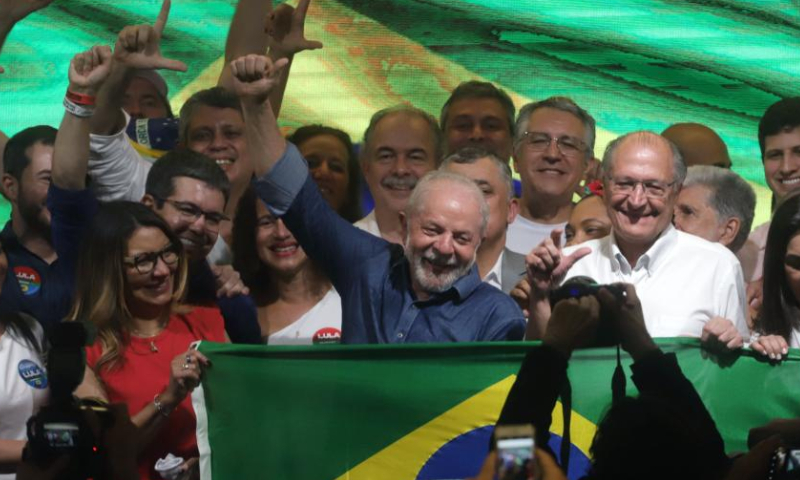 Luiz Inacio Lula da Silva (C, front) attends a celebration event in Sao Paulo, Brazil, on Oct. 30, 2022. Former Brazilian president Luiz Inacio Lula da Silva of the Workers' Party (PT) won the second round of presidential elections on Sunday and is going to serve a four-year term beginning on Jan. 1, 2023. Photo: Xinhua