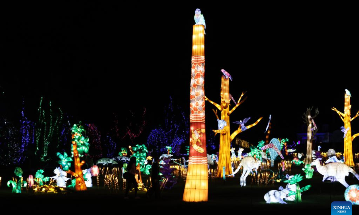 Illuminated sculptures are pictured during a media tour of a light festival at Thoiry zoo near Paris, France, Oct 26, 2022. The festival will kick off here on Sunday, displaying around 2,000 illuminated sculptures. Photo:Xinhua