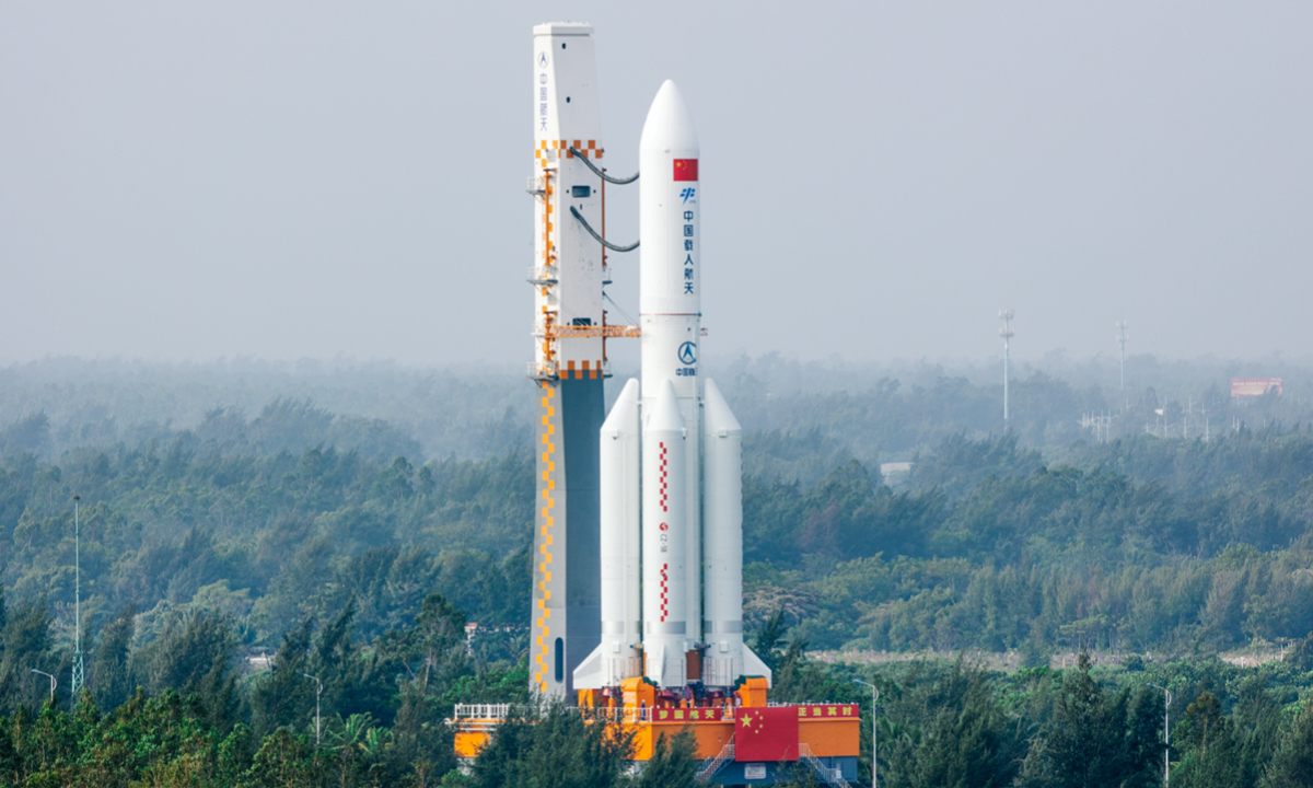 The combination of the Mengtian lab module and Long March-5B Y4 carrier rocket has been rolled out to the launch pad on October 25, 2022, at the Wenchang Space Launch Site in South China's Hainan Province. Photo: VCG