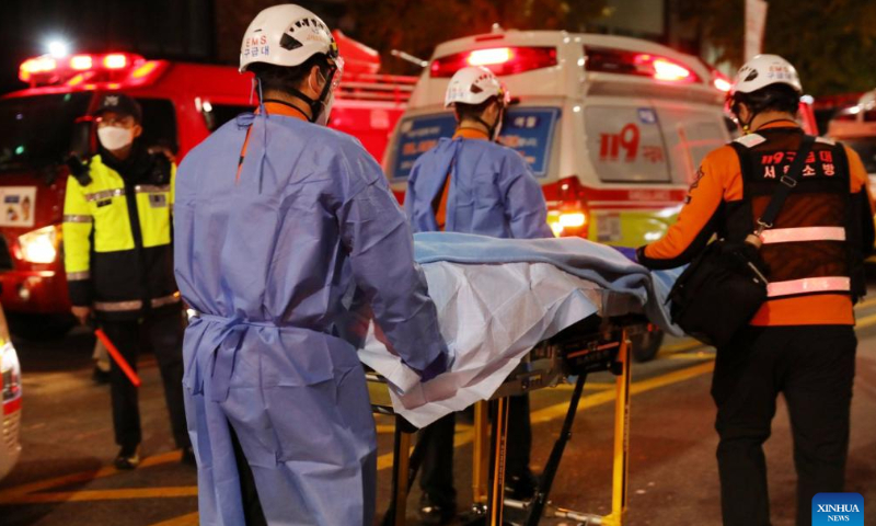 Rescuers work at the site of a stampede accident in Itaewon, a district of Seoul, South Korea, Oct. 30, 2022. At least 146 people were killed and 150 others injured in a stampede accident that occurred Saturday night at Itaewon, a district of the South Korean capital Seoul, during Halloween gatherings, local authorities said early Sunday morning. Photo: Xinhua