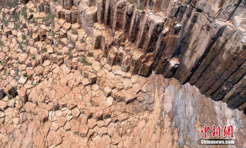 Photo shows a cross section of the Early Cretaceous rhyolitic columnar rock formation visible on Ngan Peng Tau, North Ninepin Island in the Hong Kong Special Administrative Region.(Photo provided to China News Service)