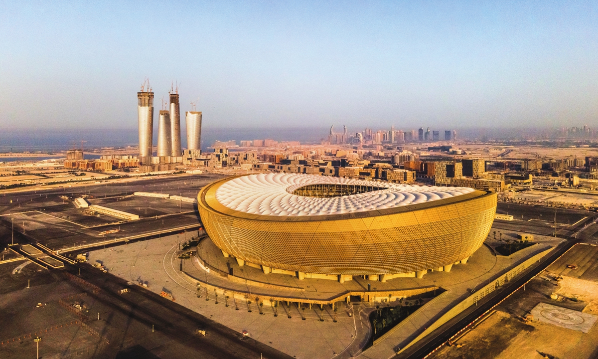 An aerial view of the Lusail Stadium on June 19, 2022 in the Qatari capital Doha. Photo: VCG
