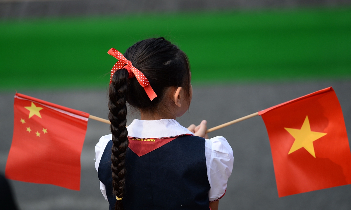 A Vietnamese pupil holds Vietnamese and Chinese national flags. Photo: VCG 