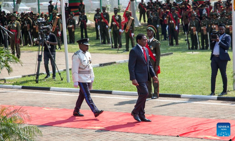 Zambian President Hakainde Hichilema (front) attends a ceremony marking the 58th Independence Day anniversary in Lusaka, Zambia, Oct. 24, 2022. Zambia on Monday marked the 58th anniversary of its independence from British colonial rule with commemorative events in various parts of the country.(Photo: Xinhua)