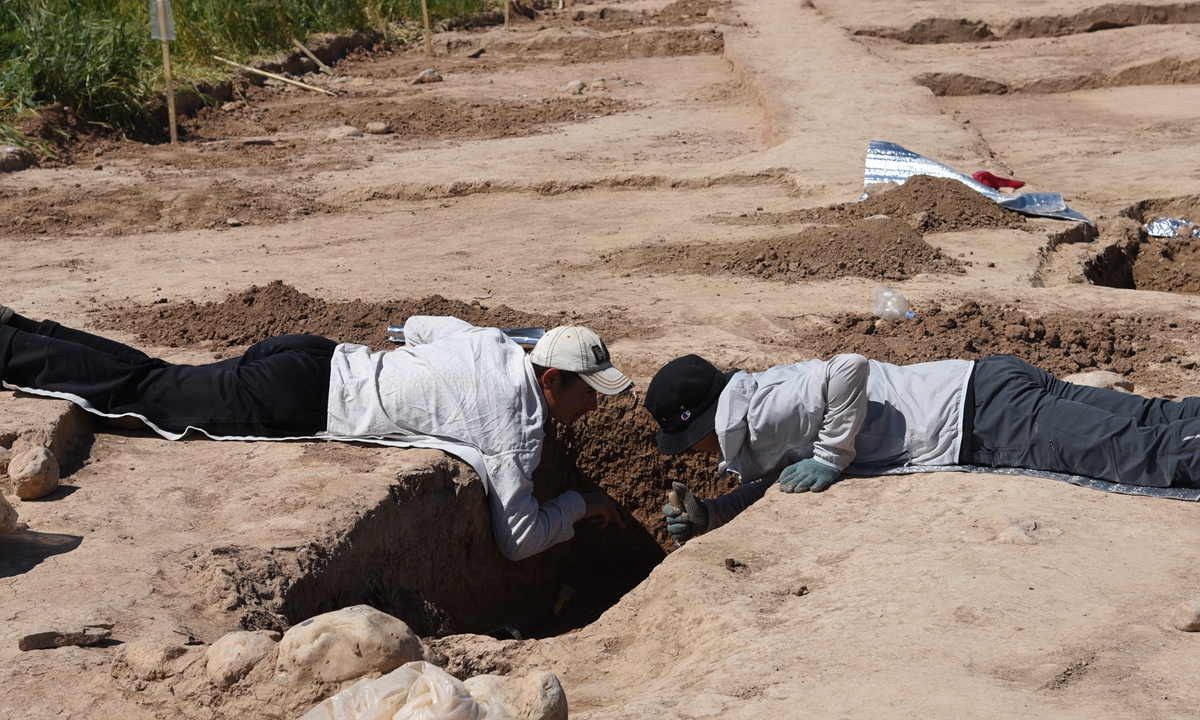 Wang Jianxin and his team at the Rabat Site near Boysun city, Uzbekistan, in 2017 Photos: Courtesy of Wang Jianxin Researchers in Wang Jianxin's team investigate an ancient site in Uzbekistan. 