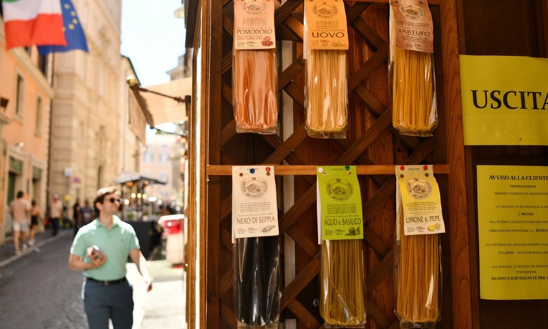 Pastas are seen for sale at a store in Rome, Italy, on May 19, 2022.(Photo: Xinhua)