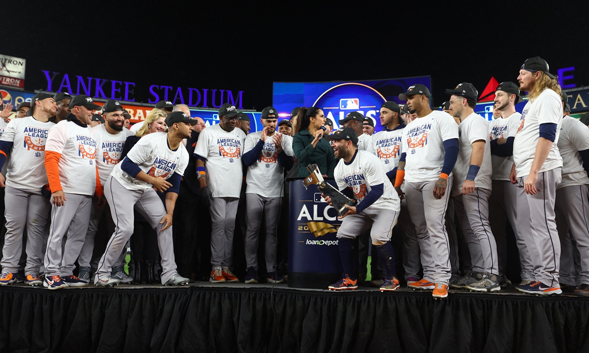 The Houston Astros celebrate defeating the New York Yankees in Game Four of the American League Championship Series to advance to the World Series at Yankee Stadium in New York on October 23, 2022. Photo: AFP