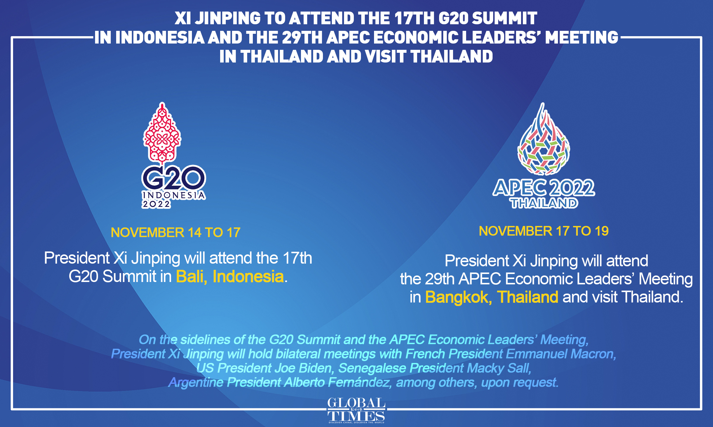 Chinese President Xi Jinping will attend the 17th G20 Summit in Indonesia and the 29th APEC Economic Leaders' Meeting in Thailand and visit Thailand. Editor: Yang Ruoyu/GT Graphic: Xu Zihe/GT