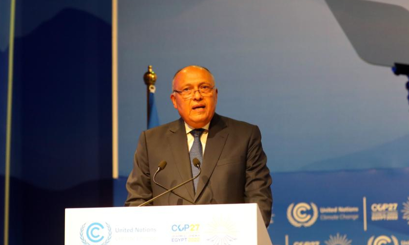 Sameh Shoukry, Egyptian Foreign Minister and President of the 27th Conference of the Parties of the United Nations Framework Convention on Climate Change (COP27), addresses the opening ceremony of the conference in Sharm El-Sheikh, Egypt, Nov. 6, 2022. The COP27 opened on Sunday in Egypt's coastal city of Sharm El-Sheikh in hopes to turn global climate finance pledges into action. Photo: Xinhua