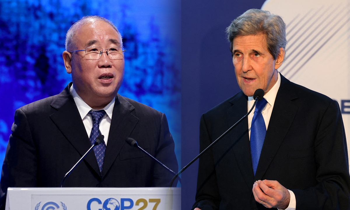 China's special climate envoy Xie Zhenhua (left) and US climate envoy John Kerry (right) delivers speech during the COP27 summit in Sharm El-Sheikh,?Egypt.?Photo: AFP