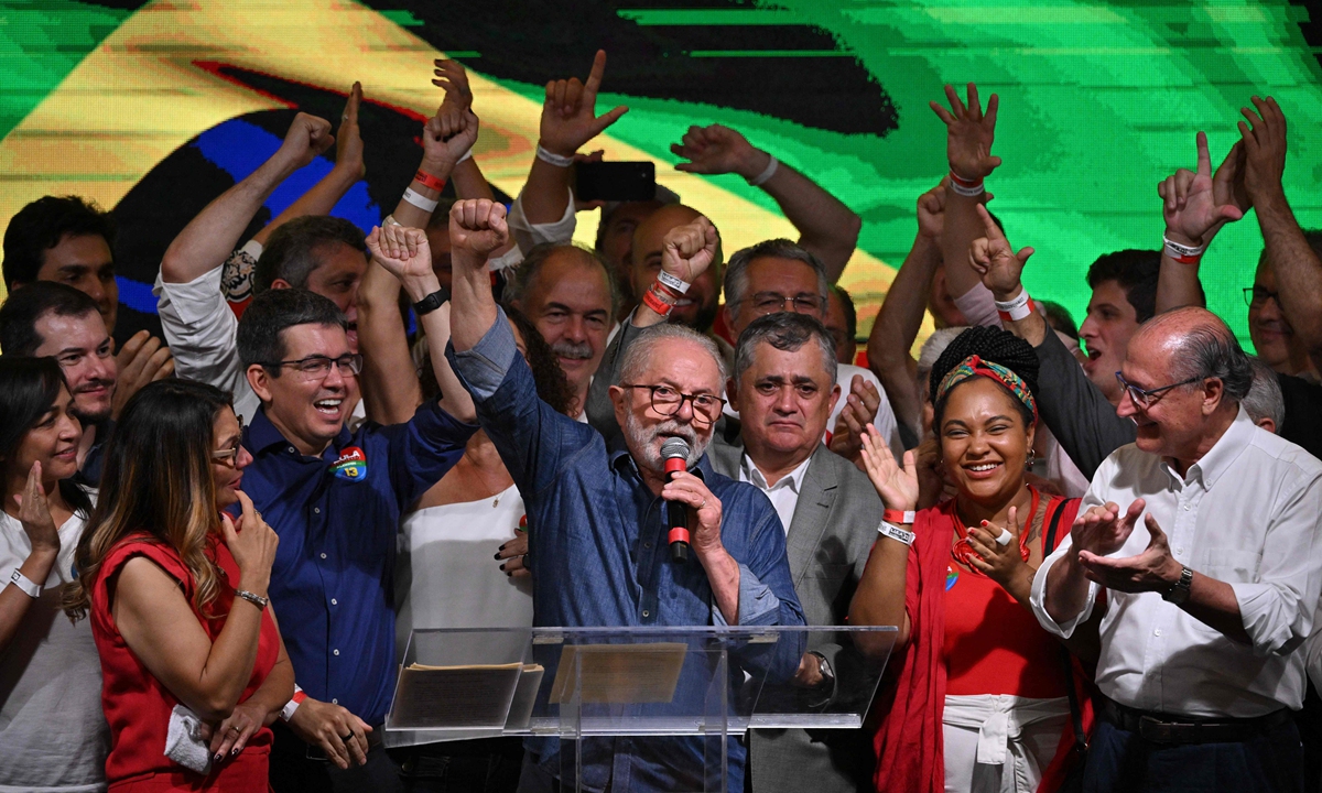 The leftist Workers Party's (PT) Luiz Inacio Lula da Silva speaks after winning the presidential run-off election in Sao Paulo, Brazil, on October 30, 2022. Lula was elected president on the day by a hair's breadth, beating his far-right rival in a down-to-the-wire poll, election officials said. Photo: VCG