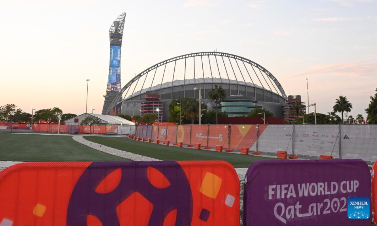Photo taken on Nov 11, 2022 shows the exterior view of Khalifa International Stadium, which will host 8 matches during the 2022 FIFA World Cup finals in Doha, Qatar. Photo:Xinhua