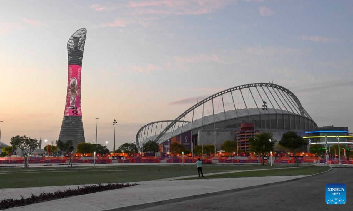 Photo taken on Nov 11, 2022 shows the exterior view of Khalifa International Stadium, which will host 8 matches during the 2022 FIFA World Cup finals in Doha, Qatar. Photo:Xinhua