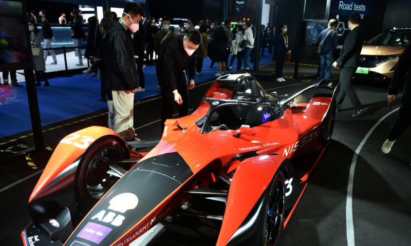 This photo taken on Nov. 6, 2022 shows a racing vehicle exhibited at the automobile exhibition area of the fifth China International Import Expo (CIIE) at the National Exhibition and Convention Center (Shanghai) in east China's Shanghai. The fifth CIIE will run until Nov. 10 in China's economic hub Shanghai. Photo: Xinhua