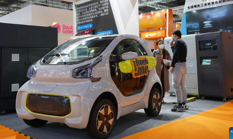 This photo taken on Nov. 5, 2022 shows an XEV customized new energy vehicle exhibited at the Intelligent Industry and Information Technology exhibition area of the fifth China International Import Expo (CIIE) at the National Exhibition and Convention Center (Shanghai) in east China's Shanghai. The fifth CIIE is scheduled on Nov. 5-10 in China's economic hub Shanghai. Photo: Xinhua
