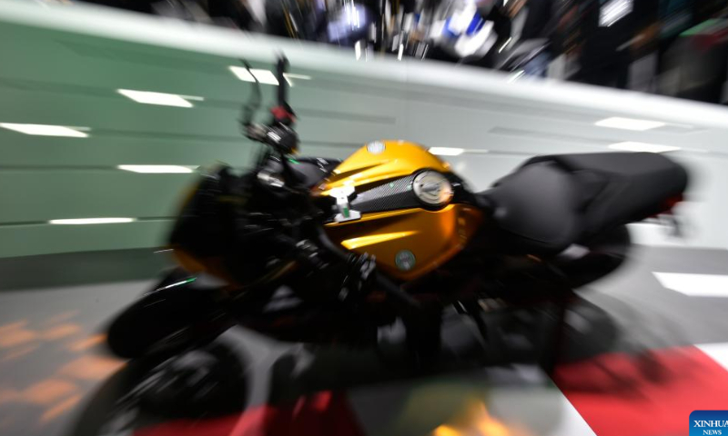 This photo taken on Nov. 6, 2022 shows a motorcycle exhibited at the automobile exhibition area of the fifth China International Import Expo (CIIE) at the National Exhibition and Convention Center (Shanghai) in east China's Shanghai. The fifth CIIE will run until Nov. 10 in China's economic hub Shanghai. Photo: Xinhua