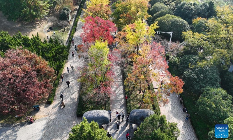 This aerial photo taken on Nov. 1, 2022 shows people visiting the imperial Xiaoling Mausoleum, the burial site of the Ming Dynasty's (1368-1644) founding emperor Zhu Yuanzhang, in Nanjing, east China's Jiangsu Province.(Photo: Xinhua)
