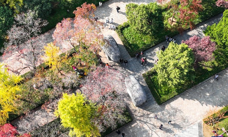 This aerial photo taken on Nov. 1, 2022 shows people visiting the imperial Xiaoling Mausoleum, the burial site of the Ming Dynasty's (1368-1644) founding emperor Zhu Yuanzhang, in Nanjing, east China's Jiangsu Province.(Photo: Xinhua)