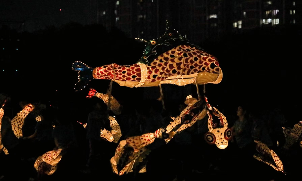 Teachers and students from Anhui Normal University are waving over 80 hand-made fish lanterns, which transform into different shapes with the lights and music, as if fish are swimming in the water.Photo: Official Weibo account of Anhui Normal University