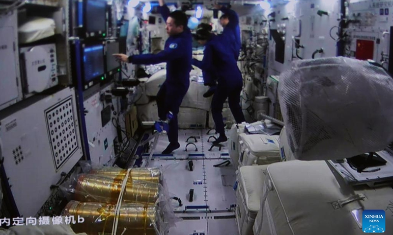 This screen image captured at Beijing Aerospace Control Center on Nov. 1, 2022 shows a view inside Tianhe core module after Mengtian lab module has successfully docked with the front port of Tianhe core module. The Mengtian lab module has successfully docked with China's Tiangong space station combination, according to the China Manned Space Agency (CMSA).(Photo: Xinhua)