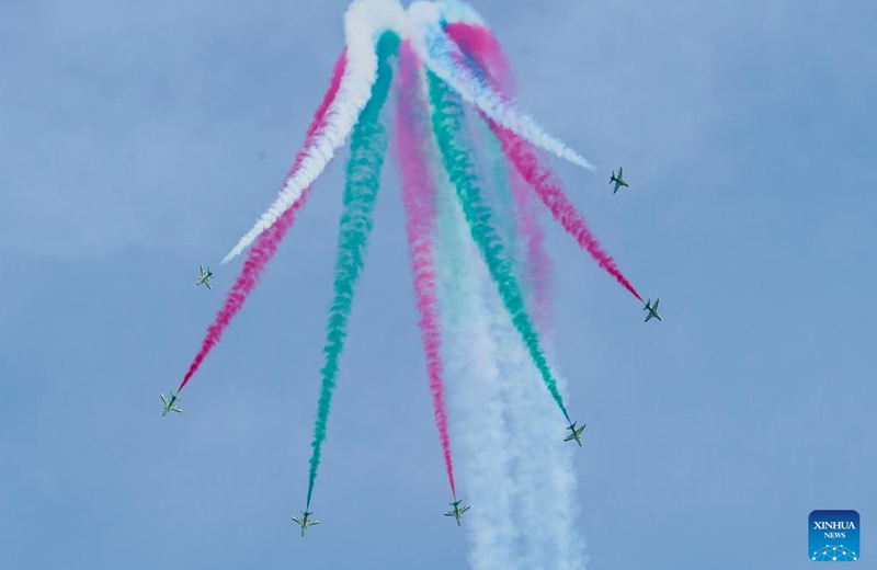 Airplanes from the Saudi Hawks aerobatic display team perform in Doha, Qatar, Nov. 5, 2022. (Photo by Nikku/Xinhua)