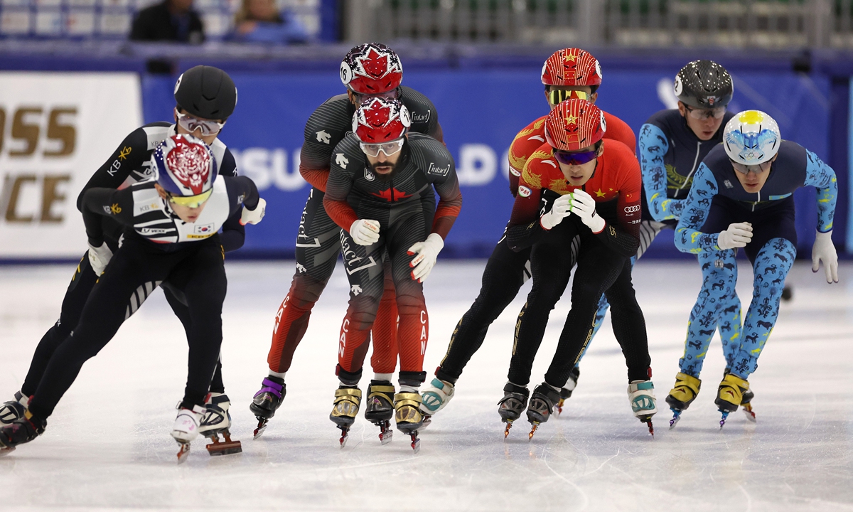 Team China compete in the men's 5,000-meter relay during the ISU World Cup Short Track in Salt Lake City, Utah on November 6, 2022. Photo: VCG