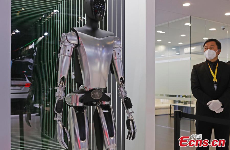 A Tesla Bot is exhibited at the automobile exhibition area of the fifth China International Import Expo (CIIE) at the National Exhibition and Convention Center in Shanghai, Nov. 7, 2022. (Photo: China News Service/Yin Liqin)
