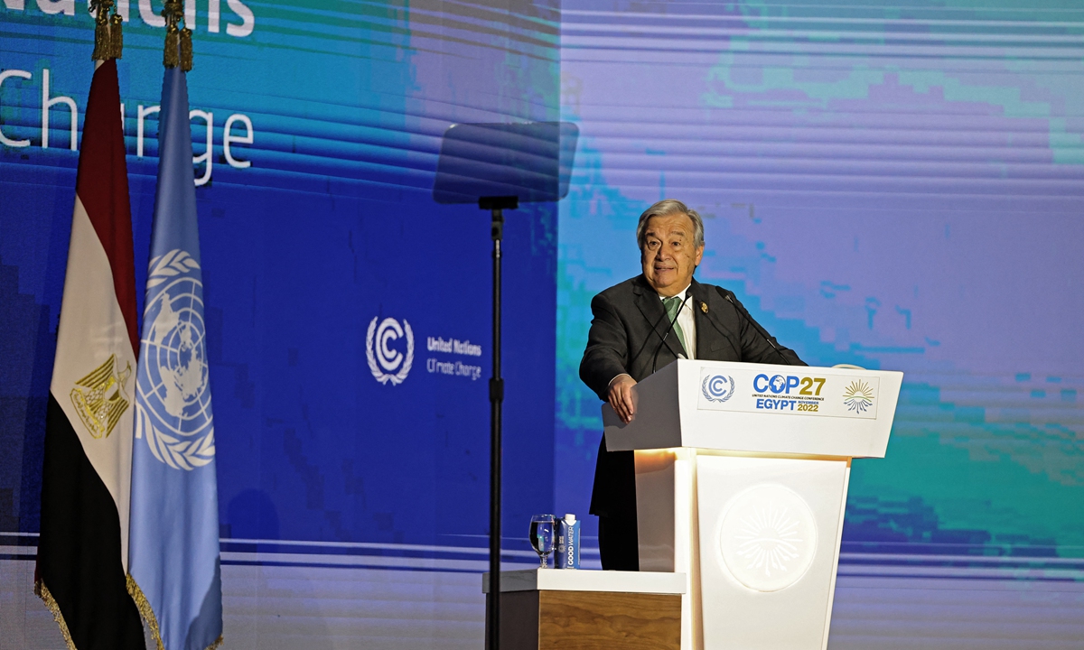 United Nations Secretary General Antonio Guterres delivers a speech at the leaders summit of the COP27 climate conference at the Sharm El-Sheikh International Convention Center, in Egypt’s resort city of Sharm El-Sheikh, on November 7, 2022. Photo: AFP