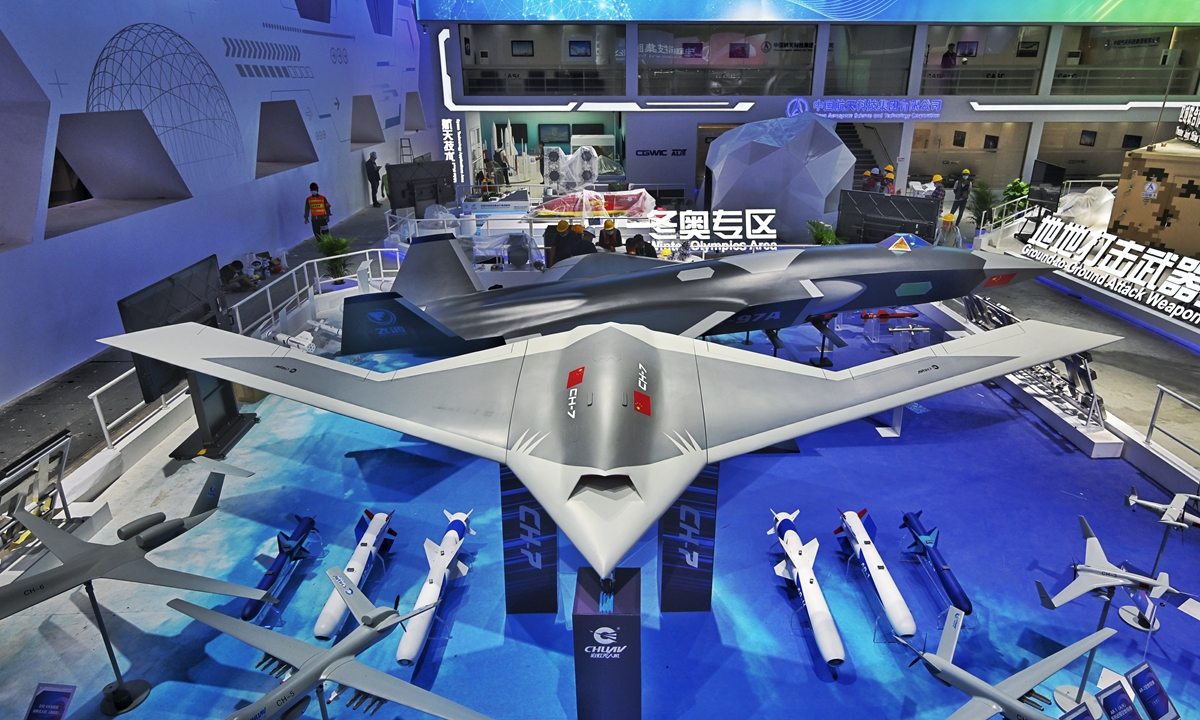 Prototypes of most CH-7 stealth UAV and other Caihong series drones, and FH-97A displayed in the exhibition hall of the Airshow China 2022. Photo: Tao Ran, courtesy of Caihong UAV of CASC