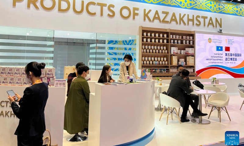 This photo taken on Nov. 6, 2022 shows the booth for products of Kazakhstan at the fifth China International Import Expo (CIIE) in east China's Shanghai.(Photo: Xinhua)