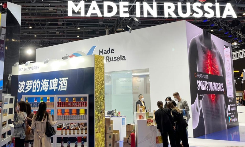 This photo taken on Nov. 6, 2022 shows the booth for products of Russia at the fifth China International Import Expo (CIIE) in east China's Shanghai.(Photo: Xinhua)