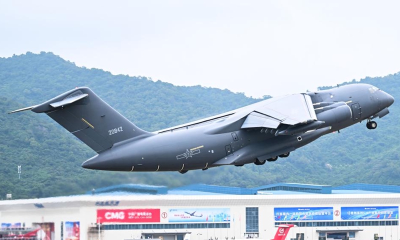 This photo taken on Nov. 8, 2022 shows a YU-20 tanker aircraft during the 14th China International Aviation and Aerospace Exhibition in Zhuhai, south China's Guangdong Province. The 14th China International Aviation and Aerospace Exhibition, also known as Airshow China, kicked off on Tuesday in Zhuhai. The Chinese People's Liberation Army (PLA) Air Force's signature aircraft such as J-20 stealth fighter jets and a YU-20 tanker aircraft took part in the flying display at the airshow.(Photo: Xinhua)