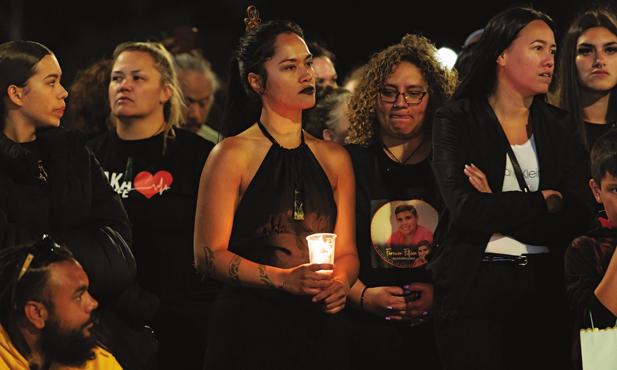 Family, friends and members of the public gather during a vigil for Cassius Turvey, a 15-year-old Indigenous boy who was allegedly bashed with a metal pole while walking home from school and later died, at Midland Oval in Perth, Australia, October 31, 2022. Photo: IC