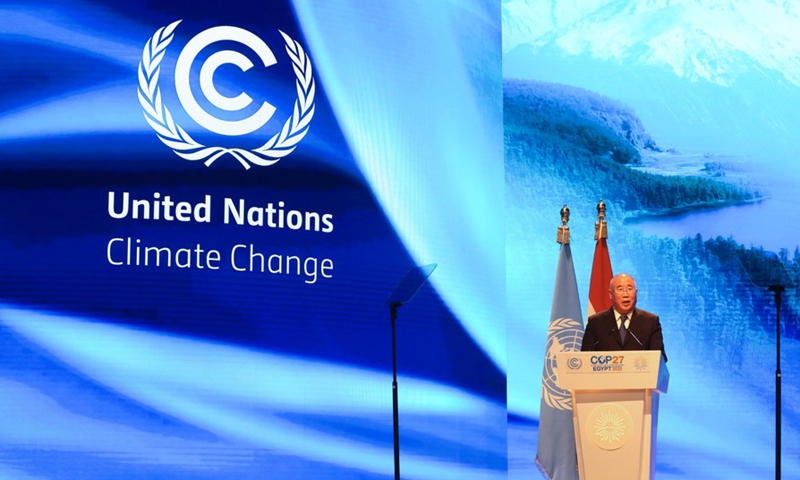 China's Special Envoy for Climate Change Xie Zhenhua addresses the Climate Implementation Summit at the COP27 in Sharm El-Sheikh, Egypt, November 8, 2022. Photo: Xinhua