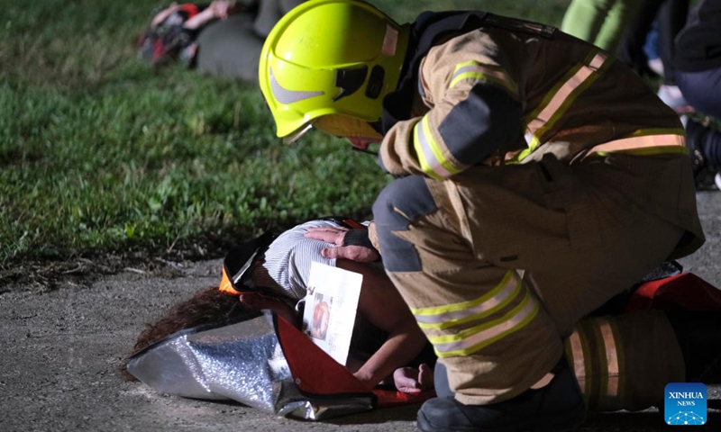 This photo taken on Nov. 8, 2022 shows the scene of an aircraft emergency exercise at the Malta International Airport in Luqa, Malta. Firefighters, medical crews and other responders got themselves busy on Tuesday night as they responded to an aircraft emergency exercise designed to test preparedness levels in case of a real-life emergency at the Malta International Airport.(Photo: Xinhua)