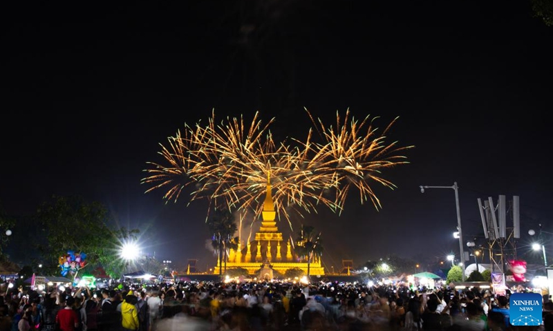 This photo taken on Nov. 8, 2022 shows fireworks over the That Luang Stupa in Vientiane, Laos. That Luang Festival, running from Nov. 6 to 8 in 2022, is one of the most important religious festivals in Laos.(Photo: Xinhua)