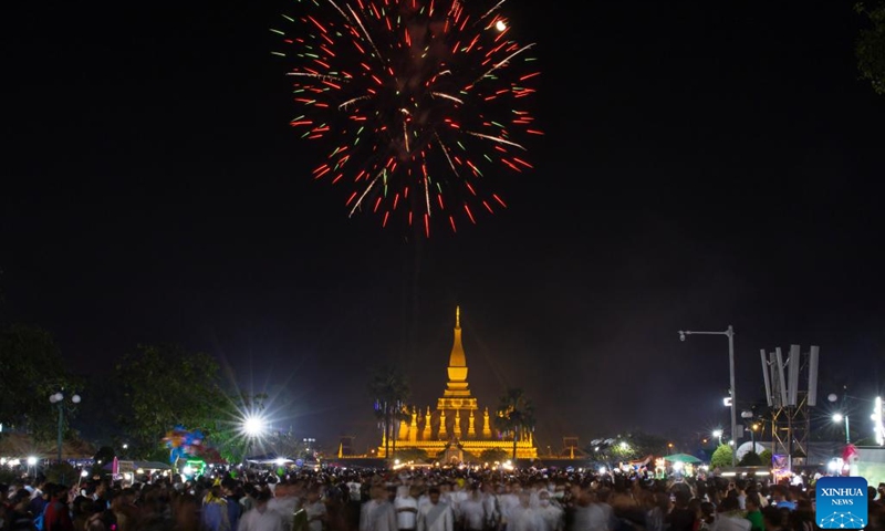 This photo taken on Nov. 8, 2022 shows fireworks over the That Luang Stupa in Vientiane, Laos. That Luang Festival, running from Nov. 6 to 8 in 2022, is one of the most important religious festivals in Laos.(Photo: Xinhua)