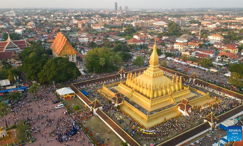 This aerial photo taken on Nov. 7, 2022 shows the That Luang Stupa in Vientiane, Laos. That Luang Festival, running from Nov. 6 to 8 in 2022, is one of the most important religious festivals in Laos.(Photo: Xinhua)