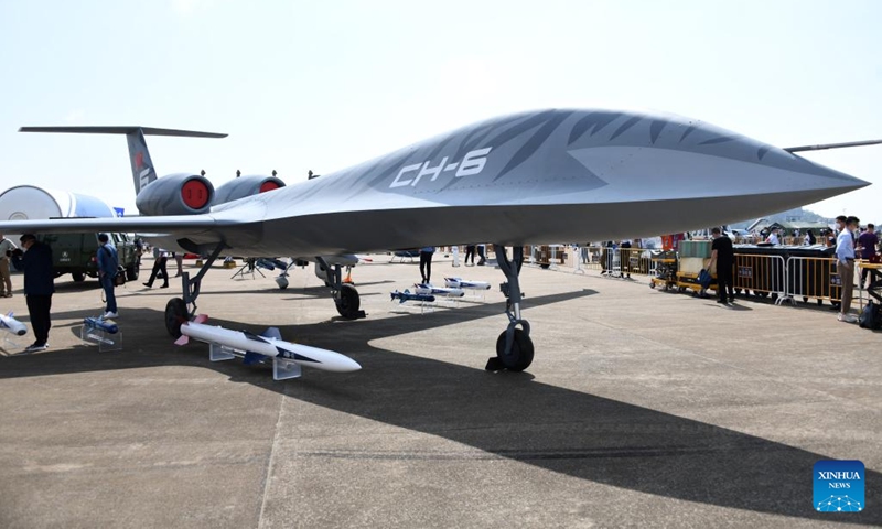 This photo taken on Nov. 10, 2022 shows a CH-6 unmanned aerial vehicle (UAV) displayed at the 14th China International Aviation and Aerospace Exhibition, also known as Airshow China, in the port city of Zhuhai, south China's Guangdong Province. A range of China's homegrown unmanned aerial vehicles (UAVs) and anti-drone system are showcased at the 14th Airshow China.(Photo: Xinhua)