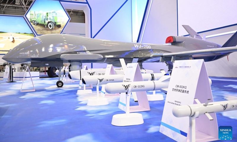 This photo taken on Nov. 9, 2022 shows a WJ-700 unmanned aerial vehicle (UAV) displayed at the 14th China International Aviation and Aerospace Exhibition, also known as Airshow China, in the port city of Zhuhai, south China's Guangdong Province. A range of China's homegrown unmanned aerial vehicles (UAVs) and anti-drone system are showcased at the 14th Airshow China.(Photo: Xinhua)