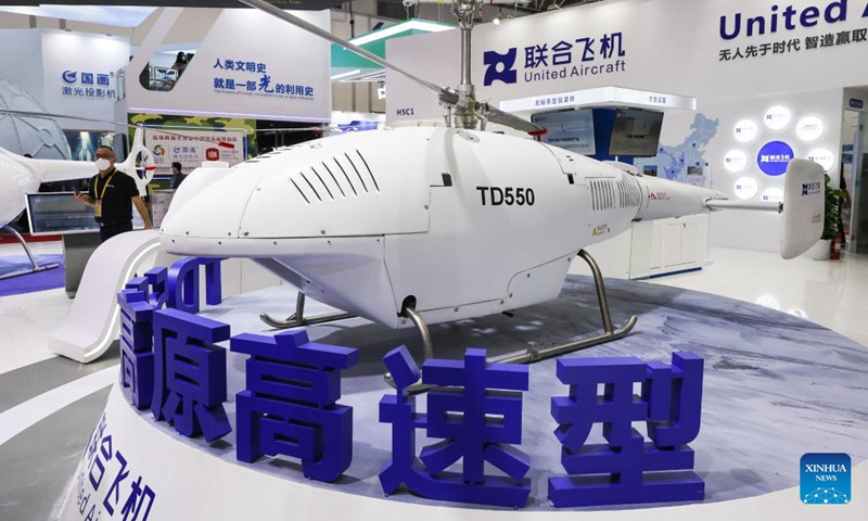 This photo taken on Nov. 8, 2022 shows a TD550 unmanned helicopter displayed at the 14th China International Aviation and Aerospace Exhibition, also known as Airshow China, in the port city of Zhuhai, south China's Guangdong Province. A range of China's homegrown unmanned aerial vehicles (UAVs) and anti-drone system are showcased at the 14th Airshow China.(Photo: Xinhua)