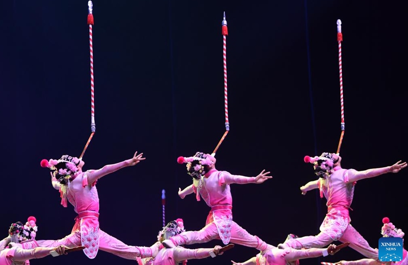Artists perform during the 11th China Acrobatics Golden Chrysanthemum Awards Competition held in Puyang, central China's Henan Province, Nov. 9, 2022. This award is deemed the highest honor in China for acrobatics. (Xinhua/Li Jianan)